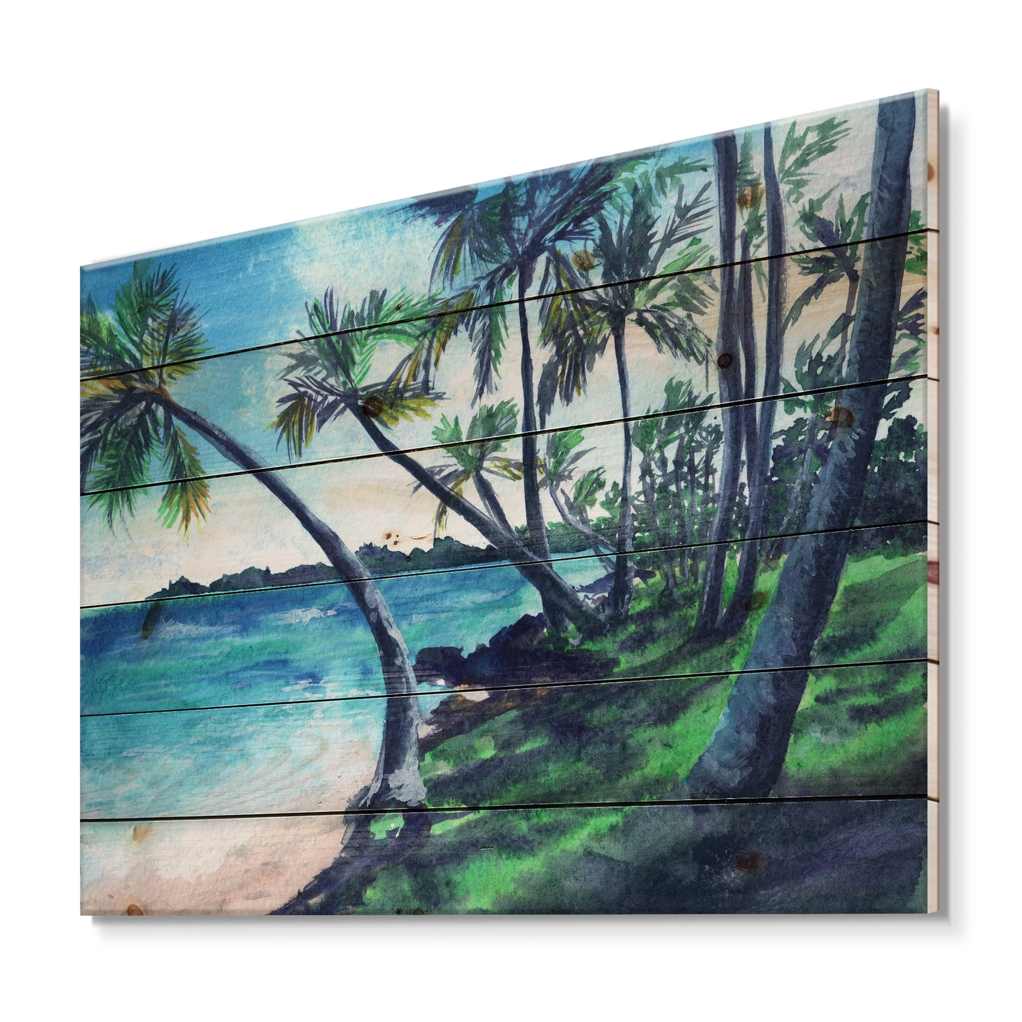 Designart 'Tropical Beach In Summer Paradise With Palm Trees' Nautical & Coastal Print on Natural Pine Wood