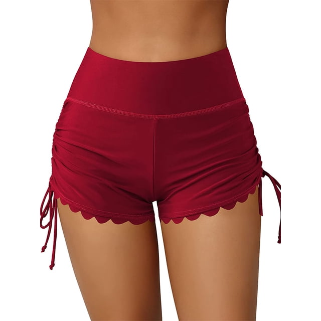 Gupgi Women Swim Shorts Solid Color High Waist Drawstring Slim Bottoms Swimming Trunks Summer Board Shorts
