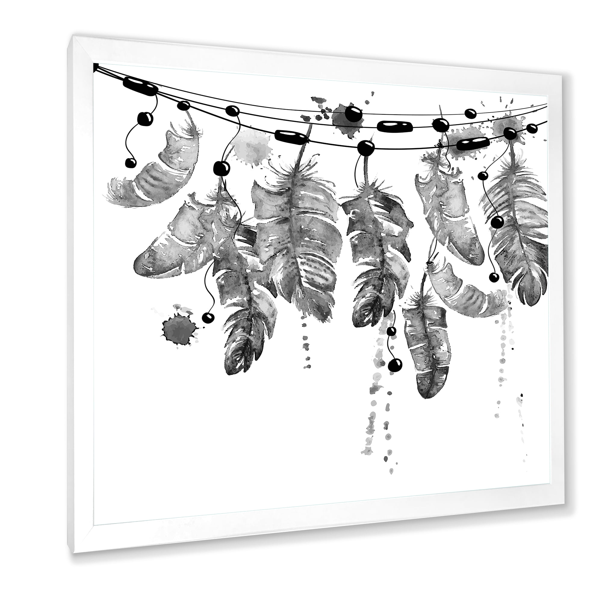 Designart 'Hanging Monochrome Bird Feathers' Bohemian & Eclectic Framed Art Print