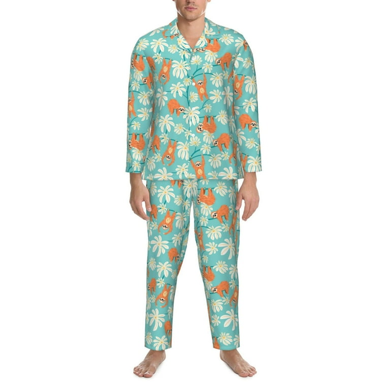 Mens Pajamas Set Cute Sloth On Floral Tree Soft Comfy Long Sleeve Button Up Pajama Sets for Men 2 Piece Sleepwear Nightwear Pjs Lounge Sets for Men with Pockets Walmart