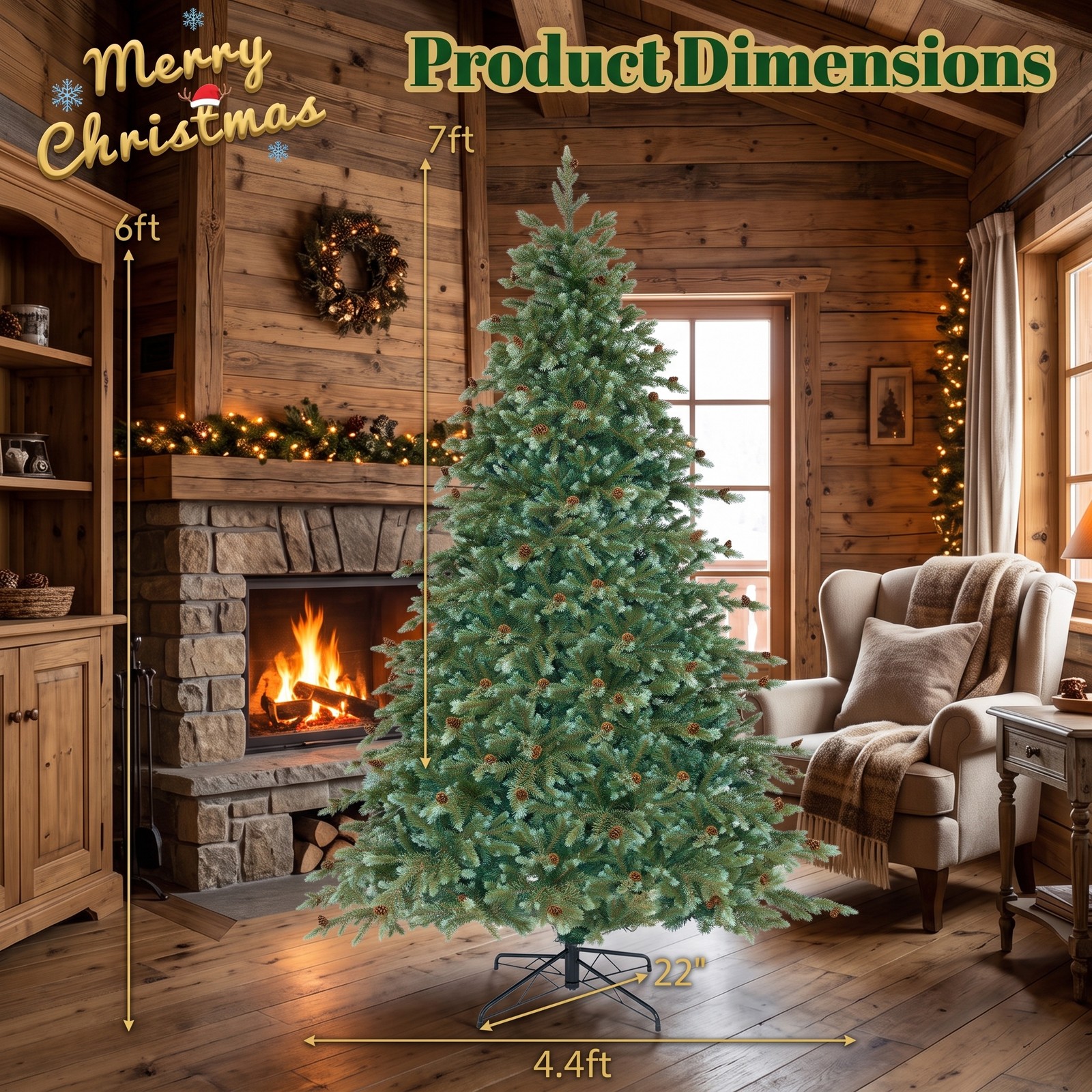 RUIE 7 FT Artificial Christmas Tree with 340 Warm White LED Lights and 69 Pine Cones, Pre-Lit Hinged Xmas Tree with Metal Stand for Home Office Holiday, Green