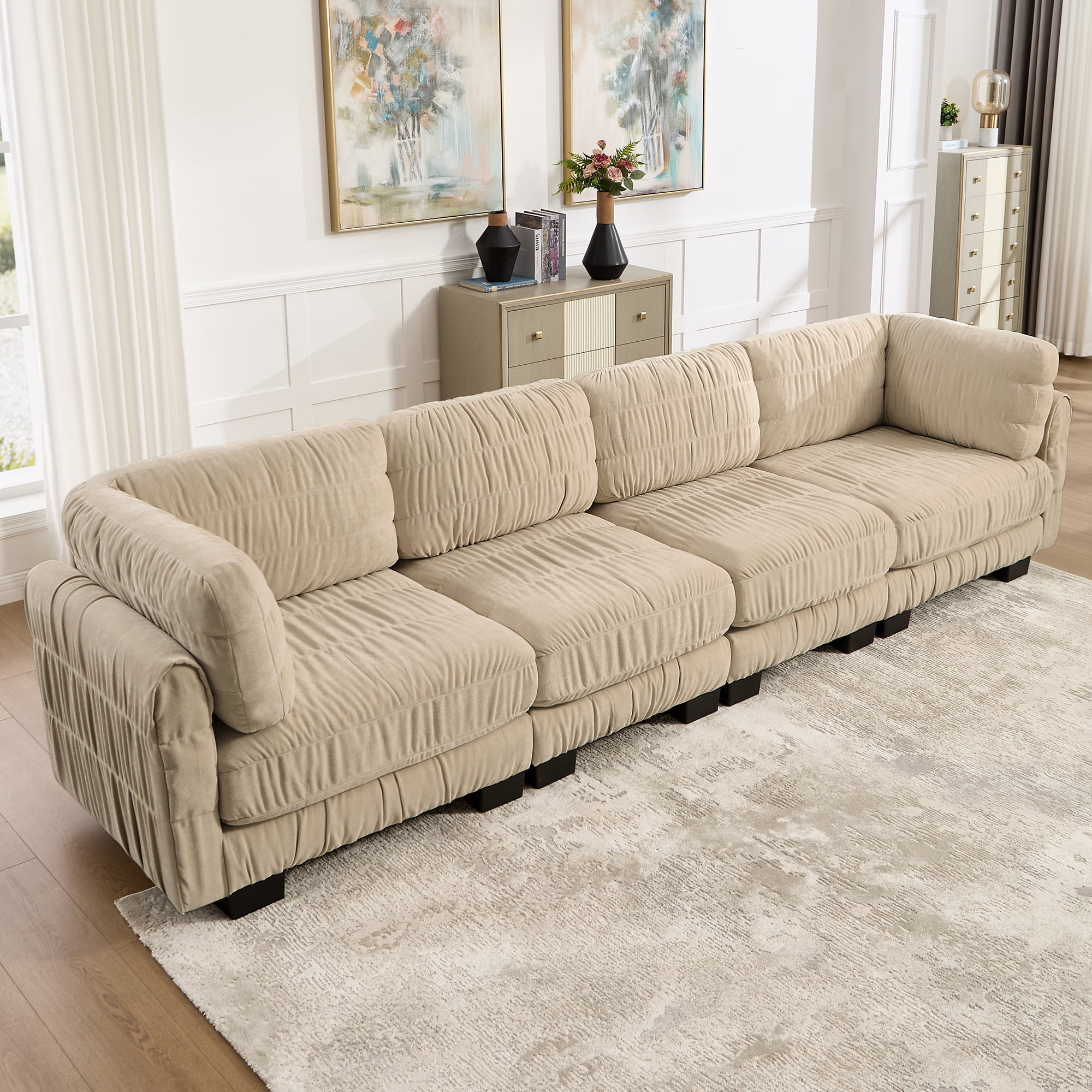 140" 4 Seat Ruched Chenille Modular Sectional Sofa with L Shape Back Cushions,Easy Assembly