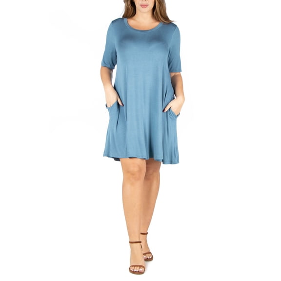 24seven Comfort Apparel Plus Size Knee Length Pocket T-Shirt Dress Blue 2XL