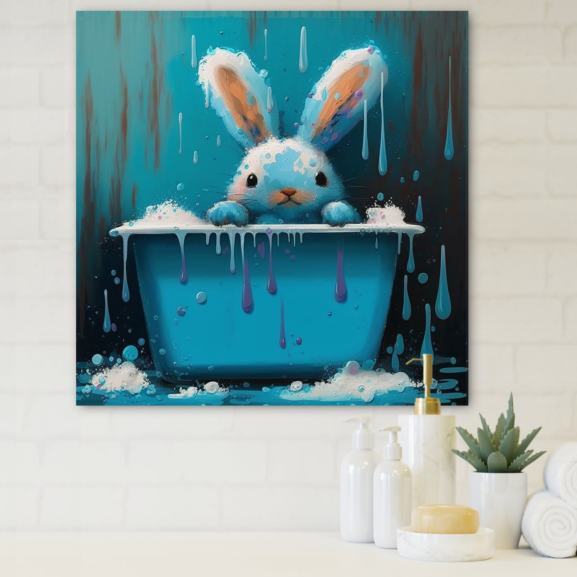 Designart Happy Blue Bunny In The Bath Canvas Wall Art