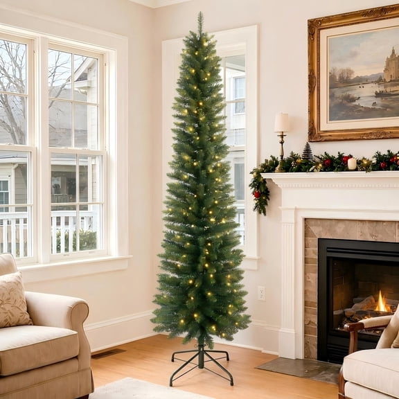 Fehomix 6FT Pre-Lit Pencil Christmas Tree with 150 Warm White LED Lights, 358 PVC Tips, Slim Artificial Christmas Tree with Metal Stand for Apartments, Corners, Small Spaces & Offices