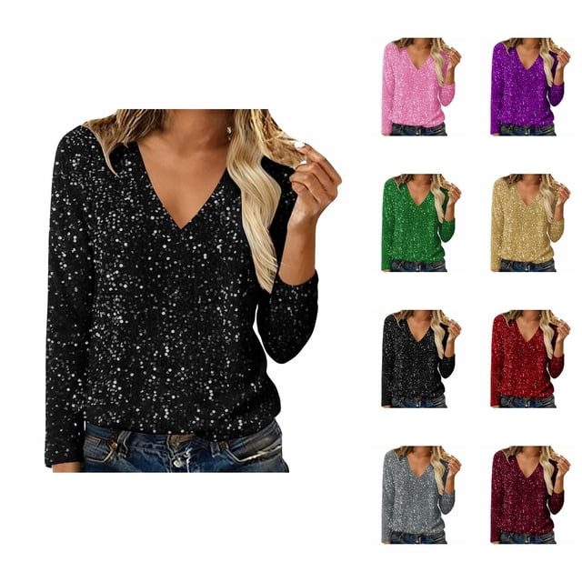 Hauts Scintillants pour Femmes Printemps 2026 Mode Manches Longues Col en V Décontracté T-Shirt à Sequins Tenues de Soirée