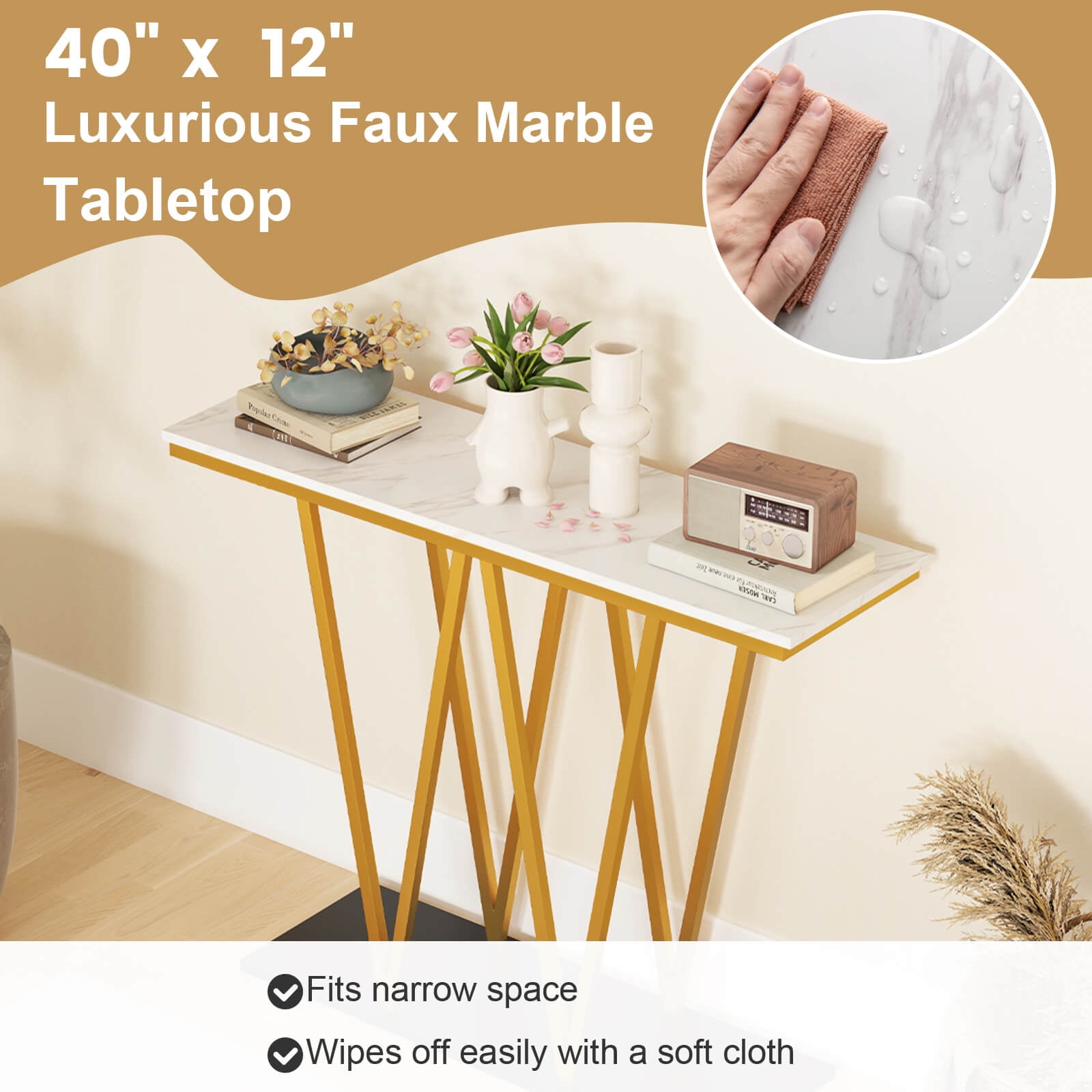 Costway 40” Gold Entryway Table with Faux Marble Table & Metal Frame, Storage Base, White