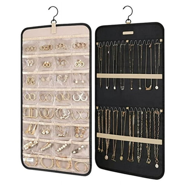 Organizador de joyas para colgar rollo de almacenamiento con ganchos de metal soporte de joyeria de doble cara para pendientes collares anillos en el armario pared puerta 1 pieza neg Walmart