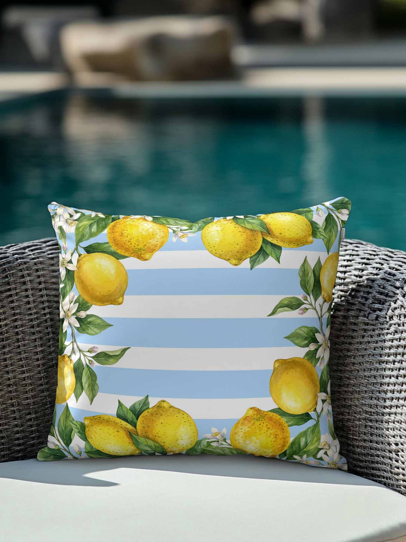 1 Pack Outdoor Pillows Waterproof, Summer Lemons Indoor/Outdoor Throw Pillows with Inserts, Fruits White Flowers Farm Blue White Stripes Decorative Pillow for Patio Furniture Chairs Couch