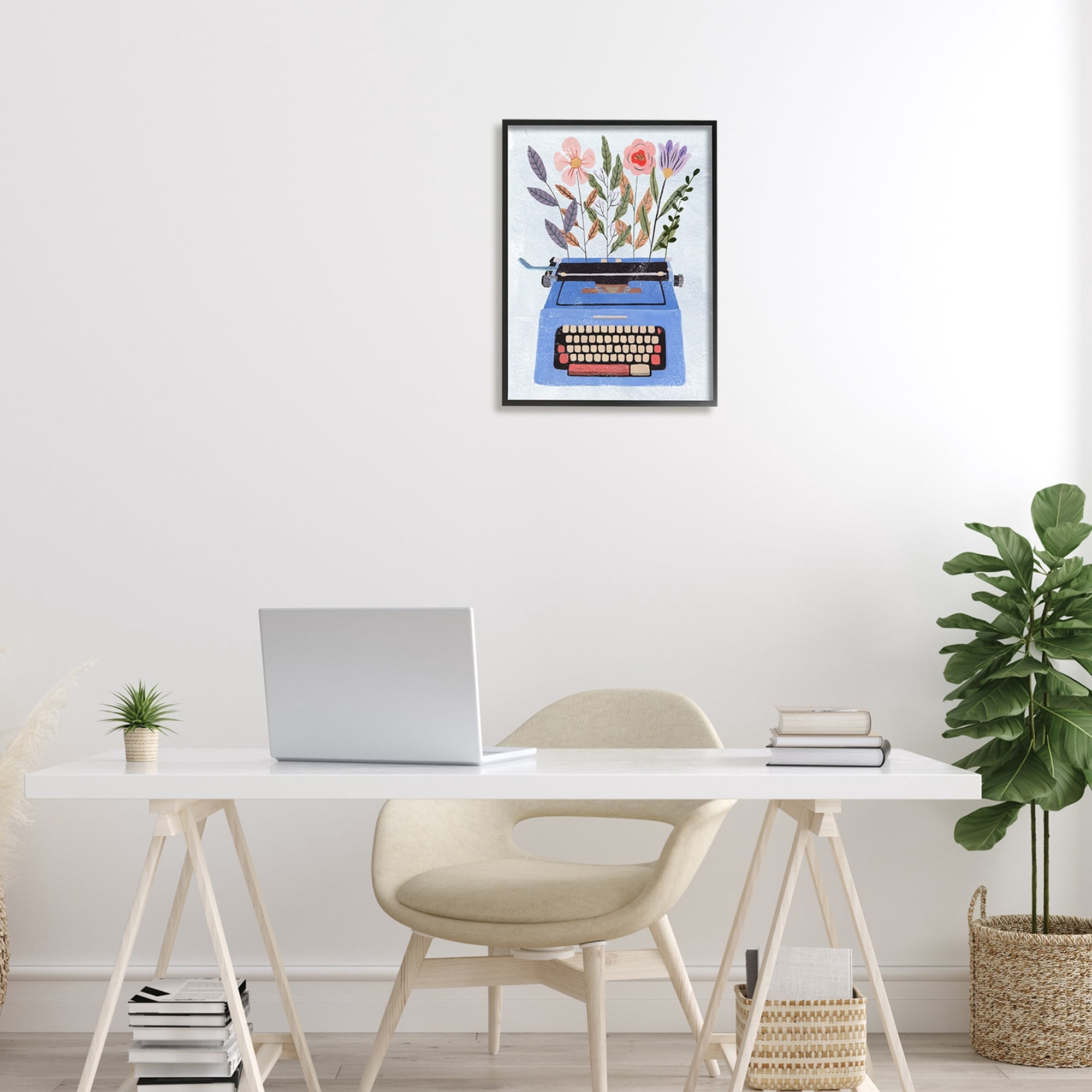 Stupell Industries Floral Arrangement Botanicals Blue Vintage Typewriter Collage Graphic Art Black Framed Art Print Wall Art, 16x20, by Melissa Wang
