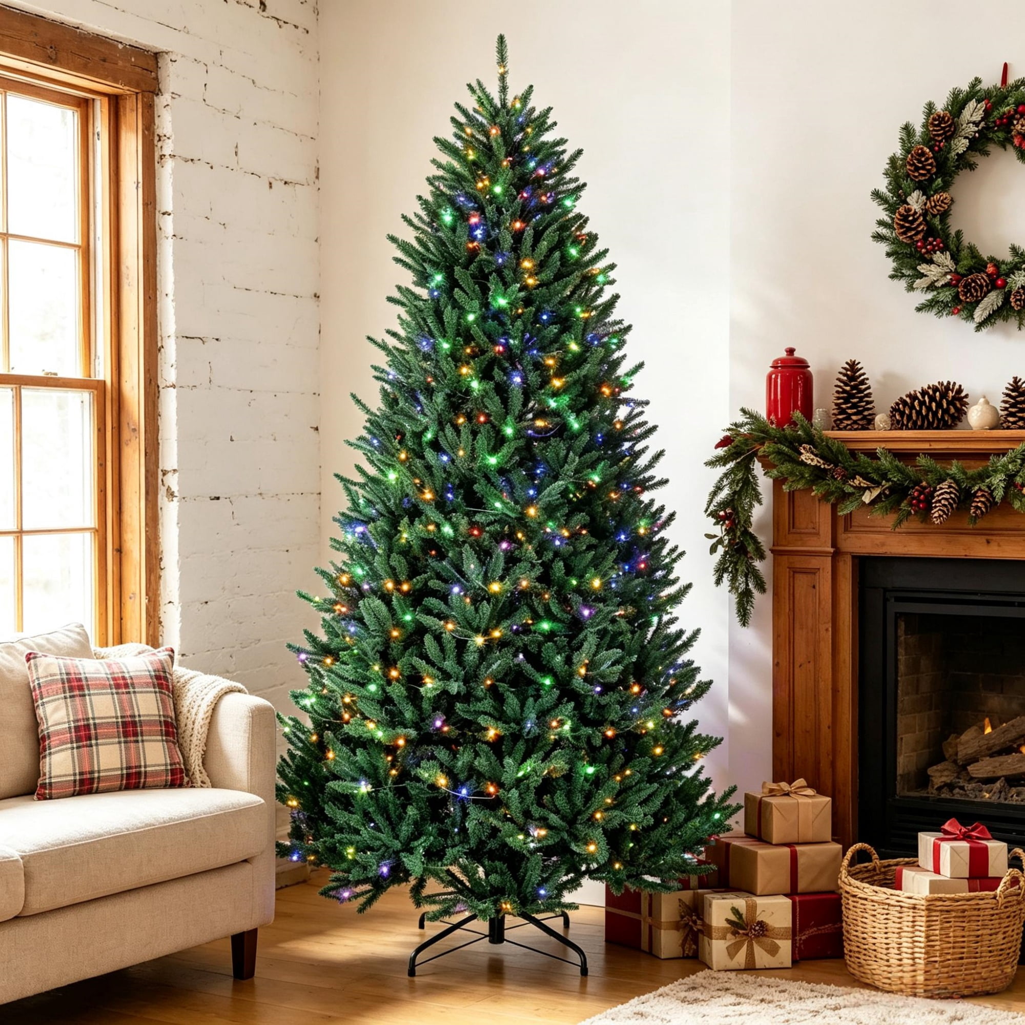 9 ft Pre-Lit Christmas Tree with Dual-Color LED Lights, 880 Lights, 3409 Tips, Hinged PVC Foliage and Metal Stand