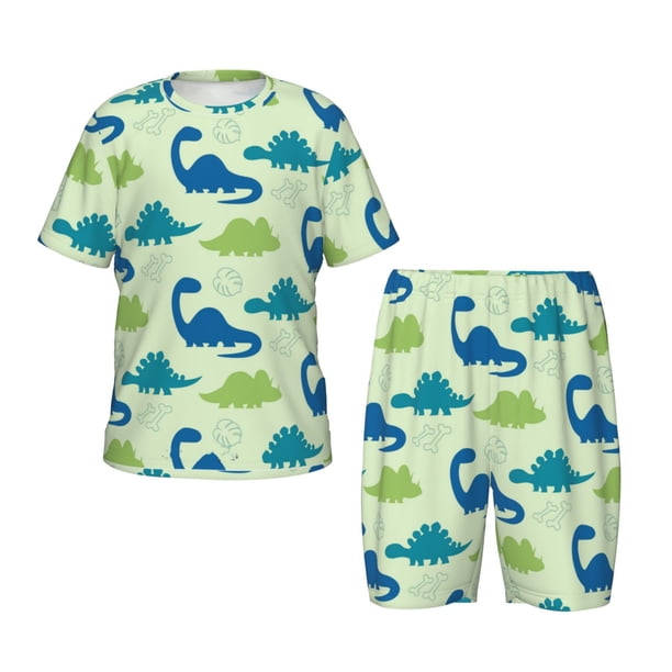 Balery Cute Dinosaur Blue Green Conjunto de Pijama Infantil de Manga Corta con Estampado – Ropa de Dormir de Algodón Suave-3X-Large