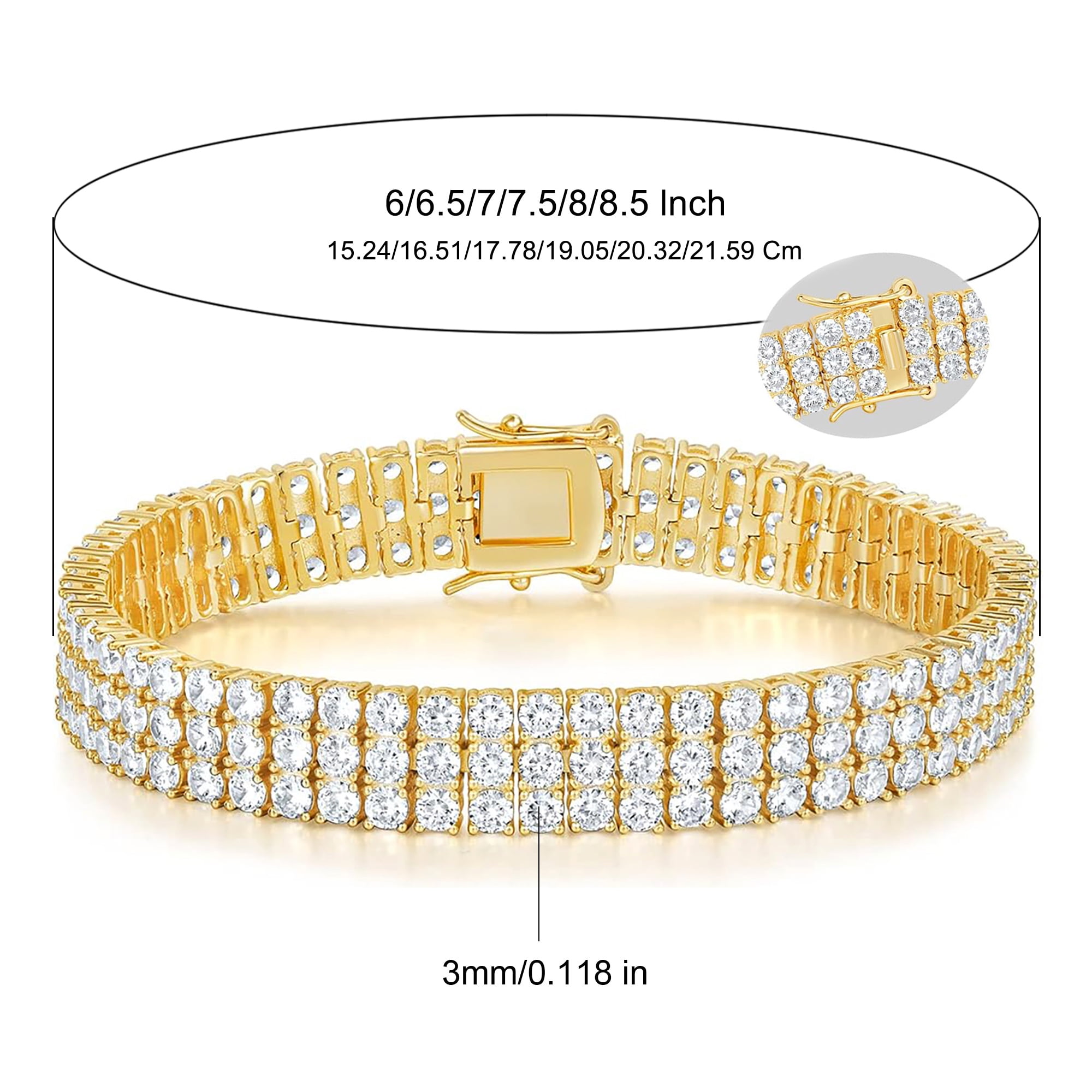 GEMSME Tennis Bracelets for Women Men 18K Yellow Gold Plated 3 Row 3.0 mm Round Cubic Zirconia Tennis Bracelet Iced Out Hip Hop Bracelet 7 Inches