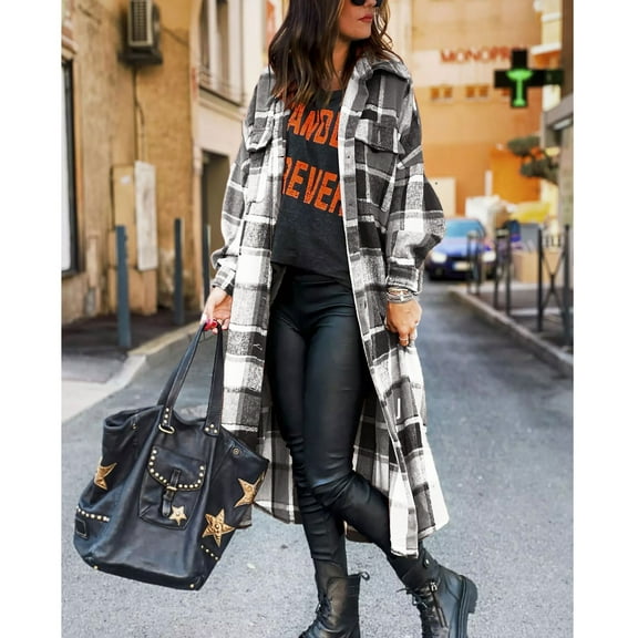 SeeLuNa Women's Casual Flannel Long Plaid Shirt Jacket Button Down Pocketed Shirt Shacket