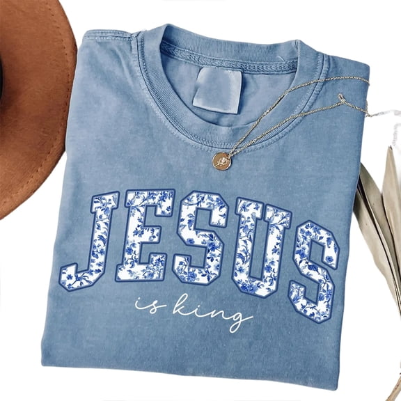 Jesus Is King Blue Floral Toile De Jouy T-Shirt – Vintage Christian Faith Graphic Tee, Religious Shirt Gift for Men & Women