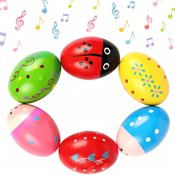 SEPTRIO 6 Pcs Wooden Egg Shakers,Musical Maracas Percussion Instruments,Musical Easter Eggs for Playing,Music Educational Tools,Easter Party Favors Fun Early Learning Egg Shakers