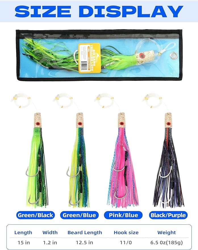 BLUEWING 15in Big Game Trolling Lure with Double Rigged Hookset and 300lb High Strength Fishing Line Saltwater Fishing Lures for Wahoo Tuna Marlin Mahi Mahi Green/Black