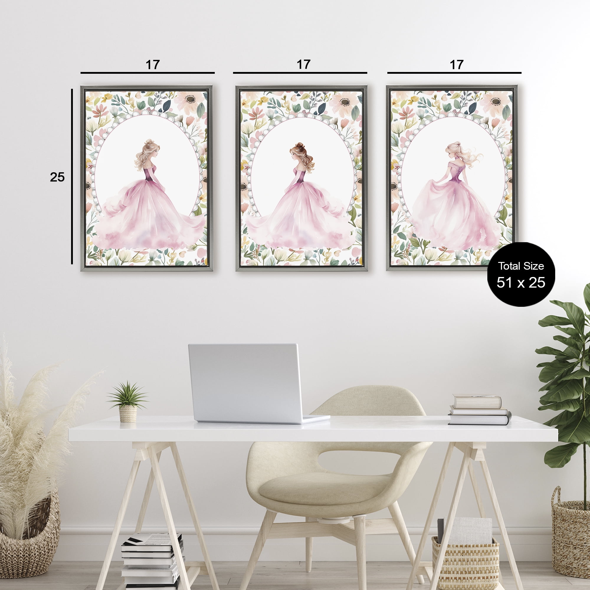 Stupell Industries Bordered Princess Love 3 Piece Gray Framed Floater Canvas Set, design by Christine Simpson Art