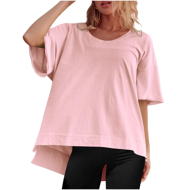 Timegard Summer Top for Women Round Neck Short Sleeve Oversized Loose Solid Color Casual Tee Blouse