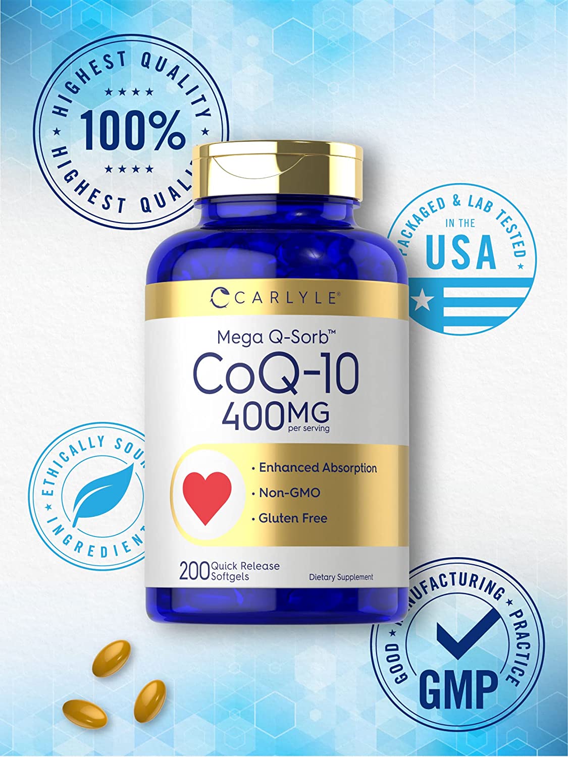 Coq10 400mg | 200 Softgels | High Absorption Coenzyme Q10 | by Carlyle