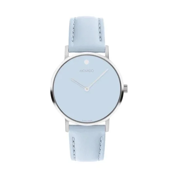 Movado Signature 0607901 Baby Blue Leather Strap Stainless Case Women's Watch