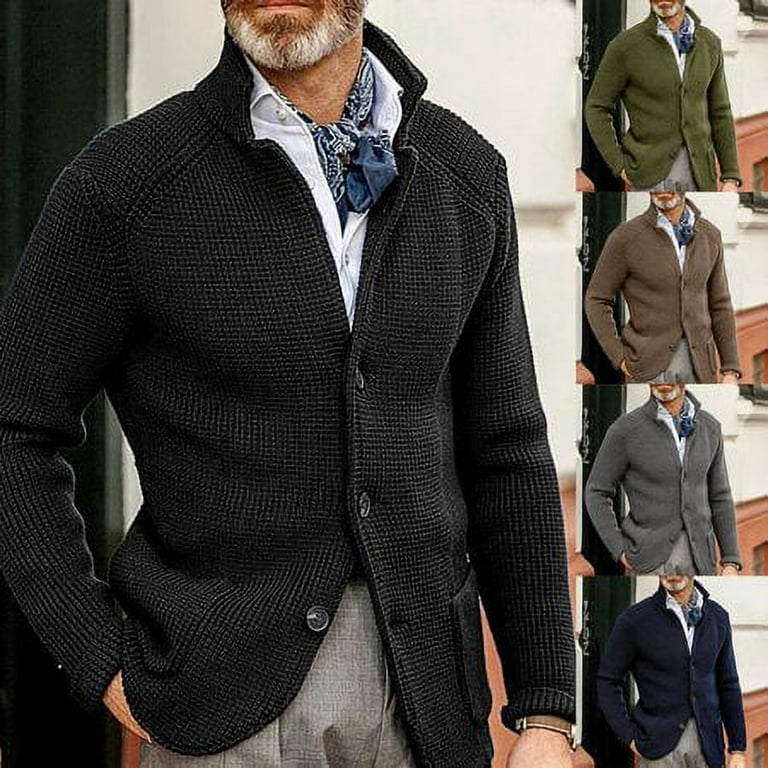 YIWEI Fashion Men Knitted Sweater Stand Collar Slim Coat Casual Business Blazer Jacket Navy L