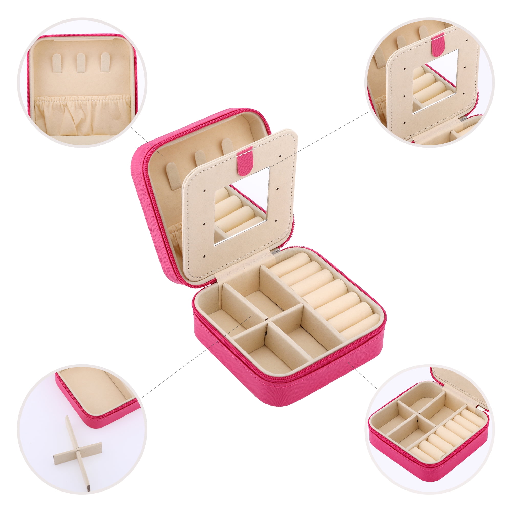 Unique Bargains Mini Travel Jewelry Box with Mirror Rose Red