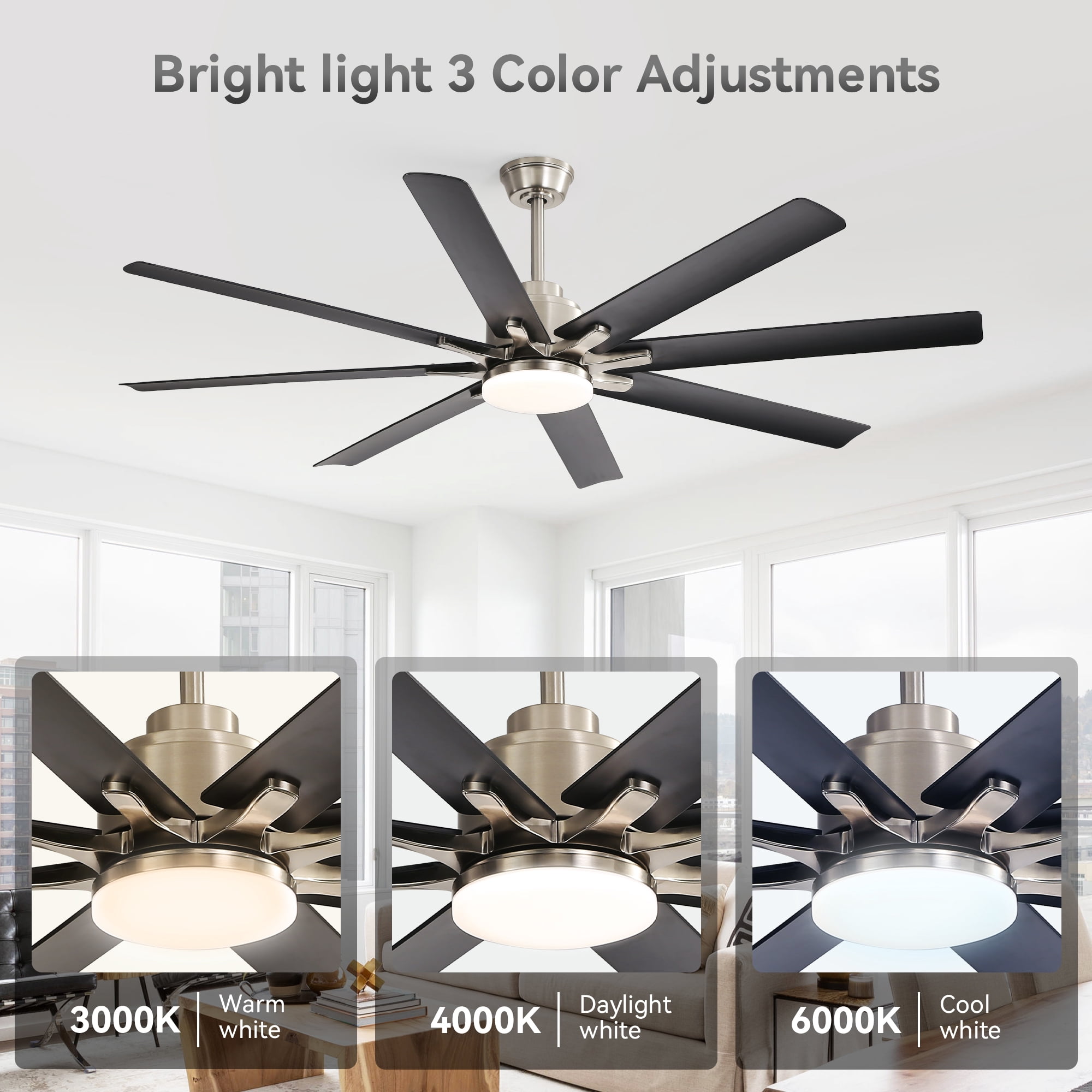 52 Inch Ceiling Fan with Light Kit, 6 Speed DC Motor Ceiling Fan with Remote Control & 8 ABS Blades for Home Living Space, Black Brushed Nickel