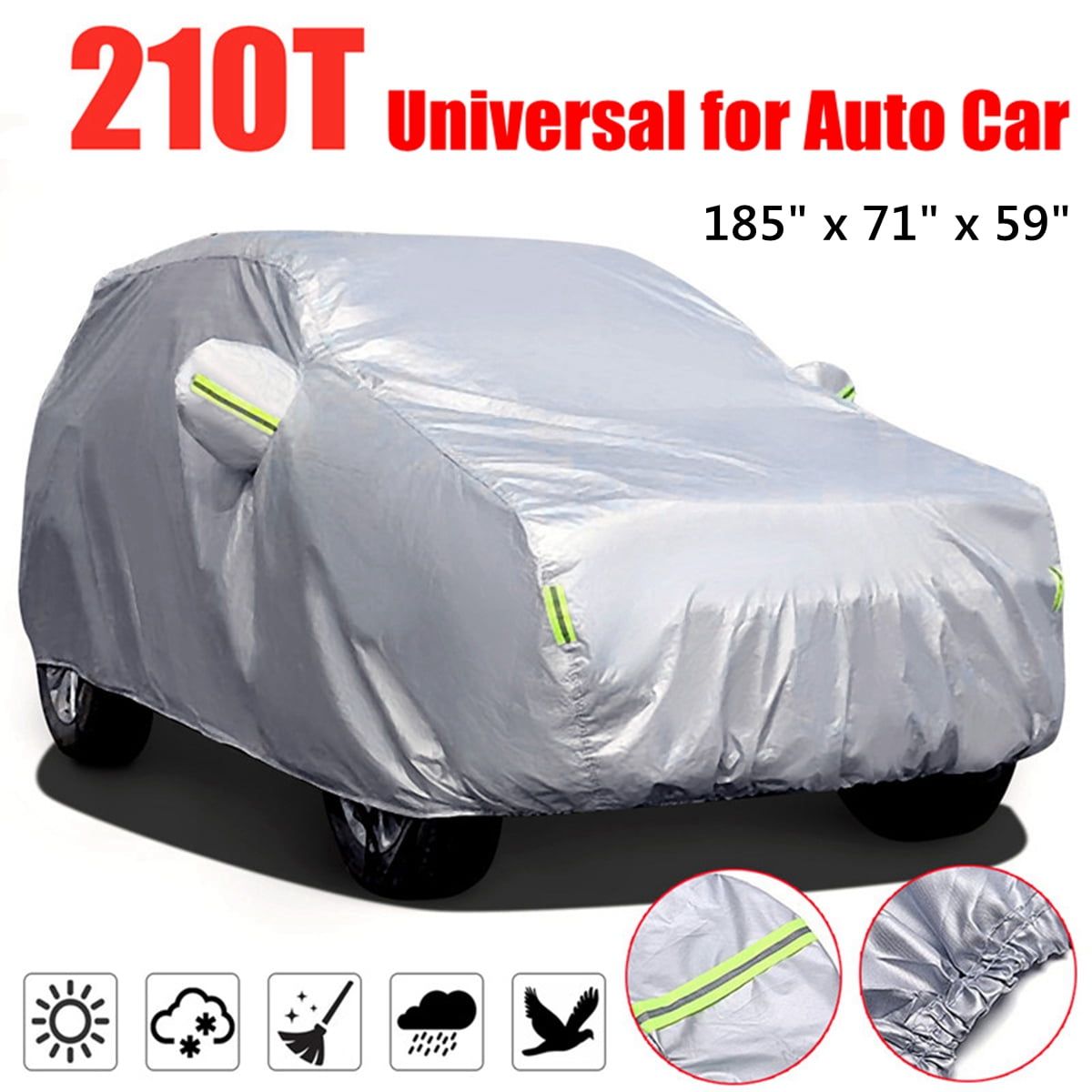 Universal Car Cover, 210D Silver Waterproof Sedan Cover, 185"x71"x59