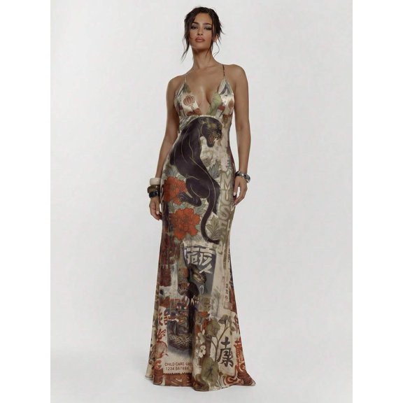 Brown Panther Print V-Neck Spaghetti Strap Maxi Dress Fitted Evening Gown