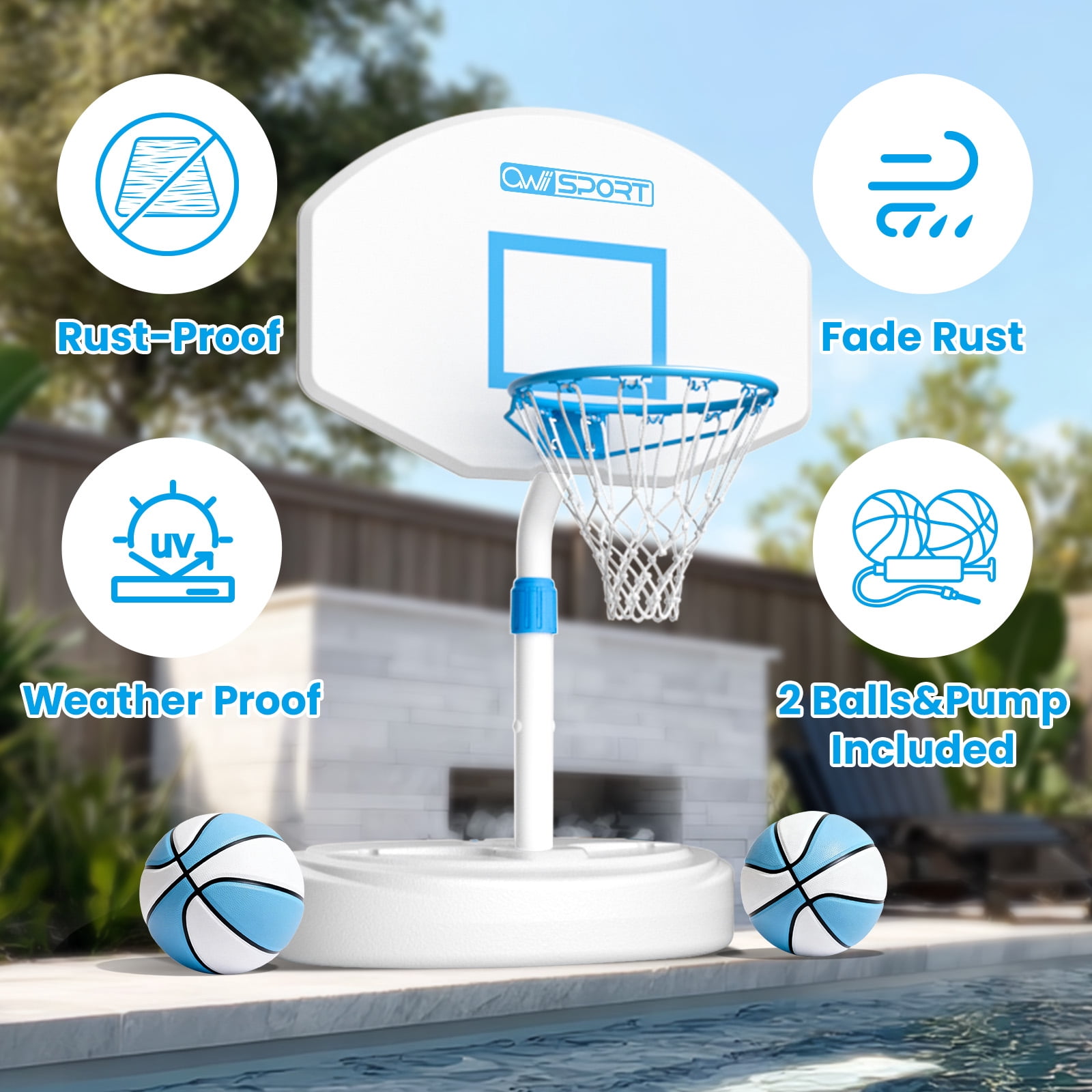 Portable Swimming Pool Basketball Hoop 36 inch, 2 Balls and Pump Included, Poolside, Durable & Sturdy, Clear Polycarbonate Backboard