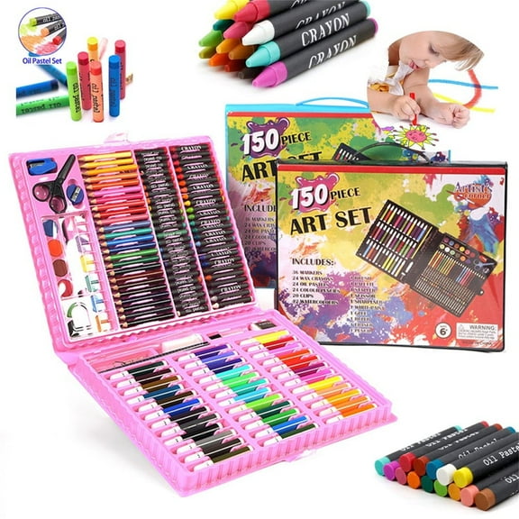 150 Pieces Children's Watercolor Pens Art Set for Painting with Oil Pastels, Crayons Colored Pencils Markers, Paint Brush Painting Kits for Artists and Beginner Painters Chirstmas Birthday Gift (Pink)