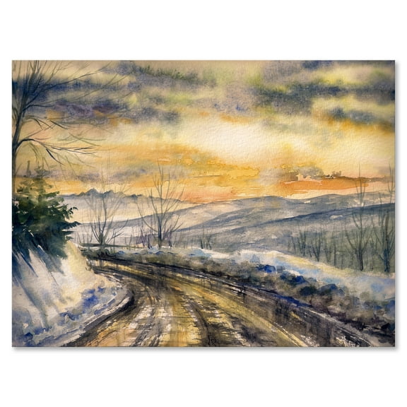 Road Under Bright Sunset With Winter Landscape 12 in x 8 in Painting Canvas Art Print, by Designart