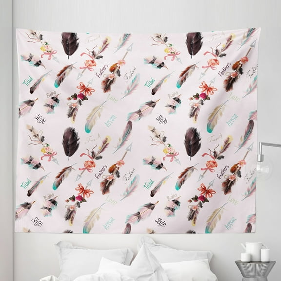 Boho Tapestry, Fashion Illustration Feathers with Floral Details and Ribbons Vintage Style, Fabric Wall Hanging Decor for Bedroom Living Room Dorm, 5 Sizes, Multicolor, by Ambesonne
