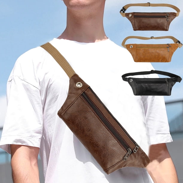 Cinturón de viaje para móvil cruzado | Poliuretano marrón | Correa ajustable | Organizador ligero para caminar, correr, hacer senderismo, ciclismo | 31x11x2cm | Gran Capacidad | Cremallera duradera