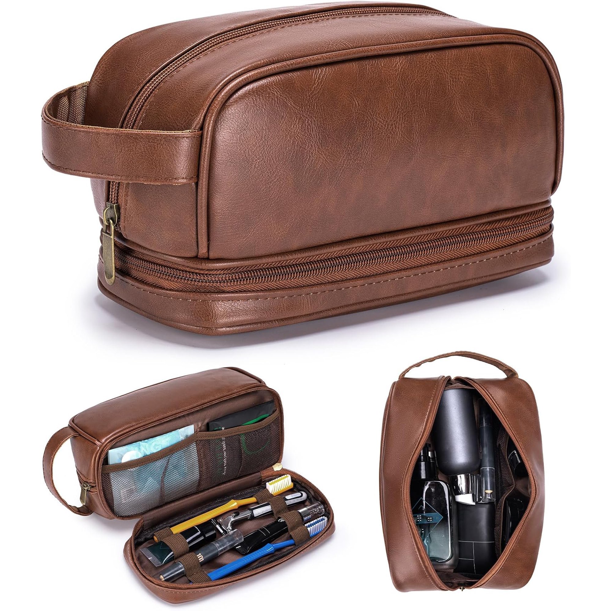 TSA Approved Toiletry Trave Bag for Men Vegan Leather | Travel Essentials Shaving Dopp Kit Toiletries Organizer Case for Birthday, Anniversary Farther Day ,Brown