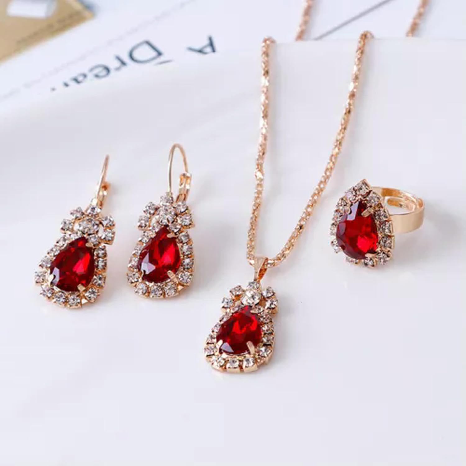 Fashion Women 925 High-Quality Silver Zircon Ring Earrings Necklace Wedding Jewelry Set-Blue[a528]