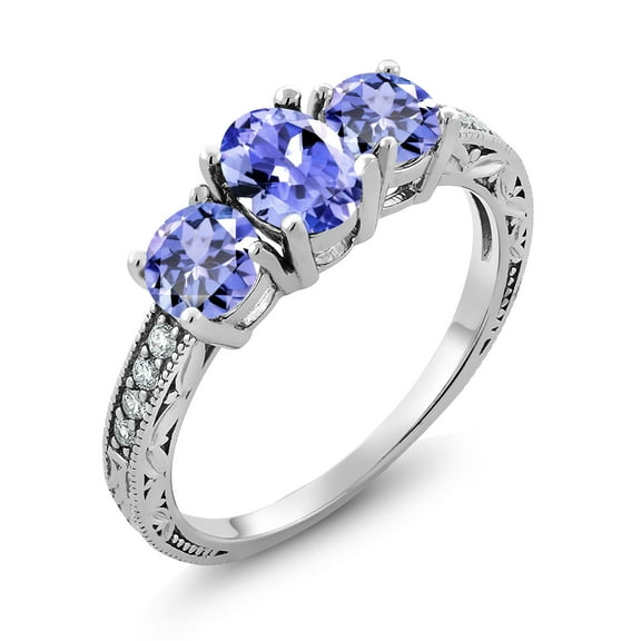 Gem Stone King 1.79 Cttw Blue Tanzanite 3-Stone Engagement Ring for Women | 925 Sterling Silver | Oval 7X5MM and Round 5MM | Three Stone Wedding Engagement Anniversary Ring for Women