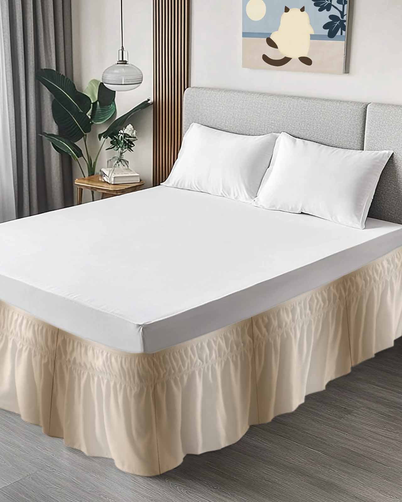Beige Ombre Bed Skirt Queen Size, Modern Gradient Abstract Art Wrap Around Bed Skirting with Adjustable Elastic Strap, Dust Ruffle Pleated Bedskirts 16 Inch Drop for Bedroom Queen Beds
