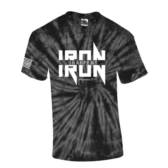 Iron Sharpens Iron Proverbs 27:17 Heavy Metal Logo Bible Scripture Mens Christian Tshirt Jesus Cross Short Sleeve T-shirt Graphic Tee-Black Tie Dye-large
