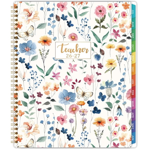 Teacher Planner 2026-2027 - Teacher Lesson Planner 2026-2027 | 8.5”x11”, July 2026 - June 2027, Teacher Planner Academic Year, Colorful Monthly Tabs, Holidays, Pocket - Floral