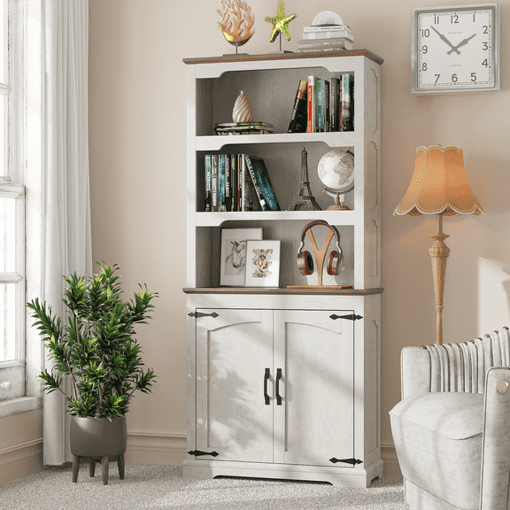 LIGHTINN 5-Shelf Bookcase with Doors 70" Tall Standing Bookshelf Large Storage Display Stand