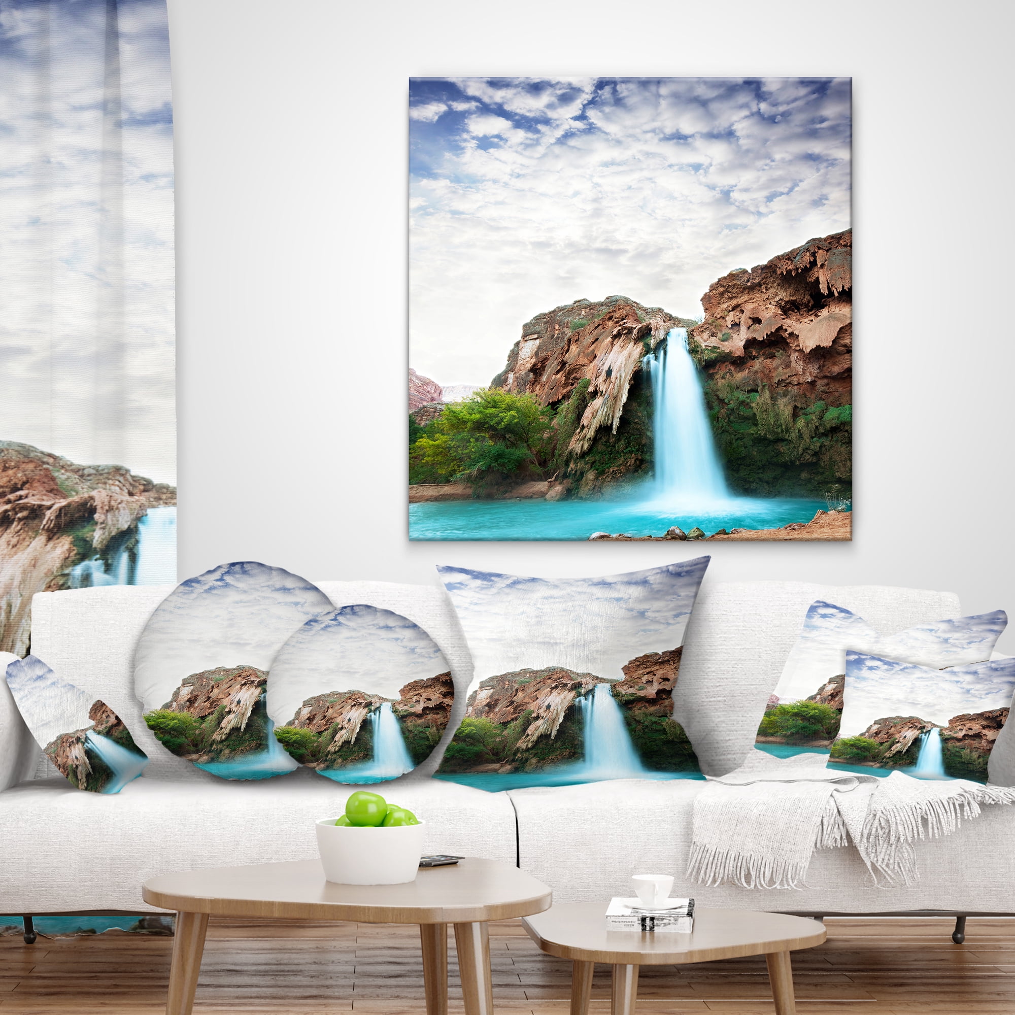 Designart Amazing Waterfall under Cloudy Sky - Landscape Printed Throw Pillow - 12x20