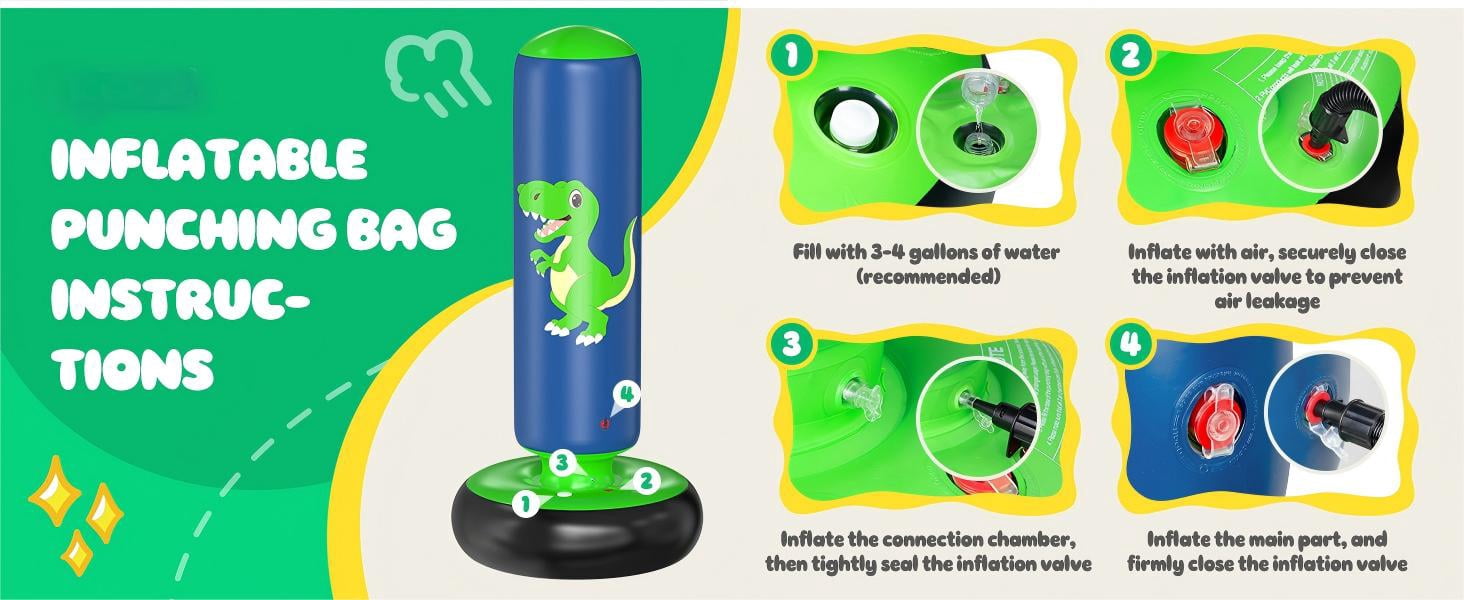 48" Inflatable Punching Bag for Kids, Lava Green Dinosaur with Blue Pillar, Dinosaur Bop Bag for Boys & Girls Ages 3-8