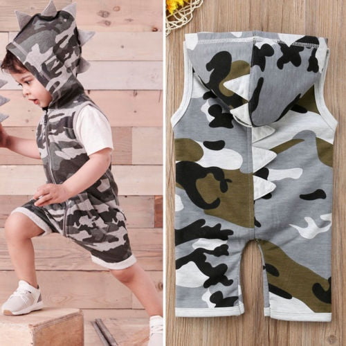 Toddler Infant Baby Boy Girl Kid Dinosaur Hooded Romper Jumpsuit Clothes Outfit