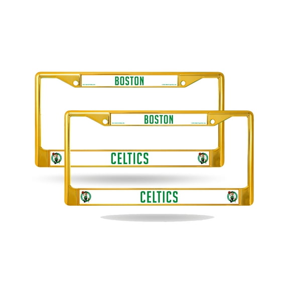 Boston Basketball Celtics Gold Painted Chrome Metal (2) License Plate Frame Set