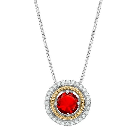 - 1 1/8 ct Round-Cut Created Ruby Circle Pendant Necklace with Diamonds in Sterling Silver and 14kt Gold, 18