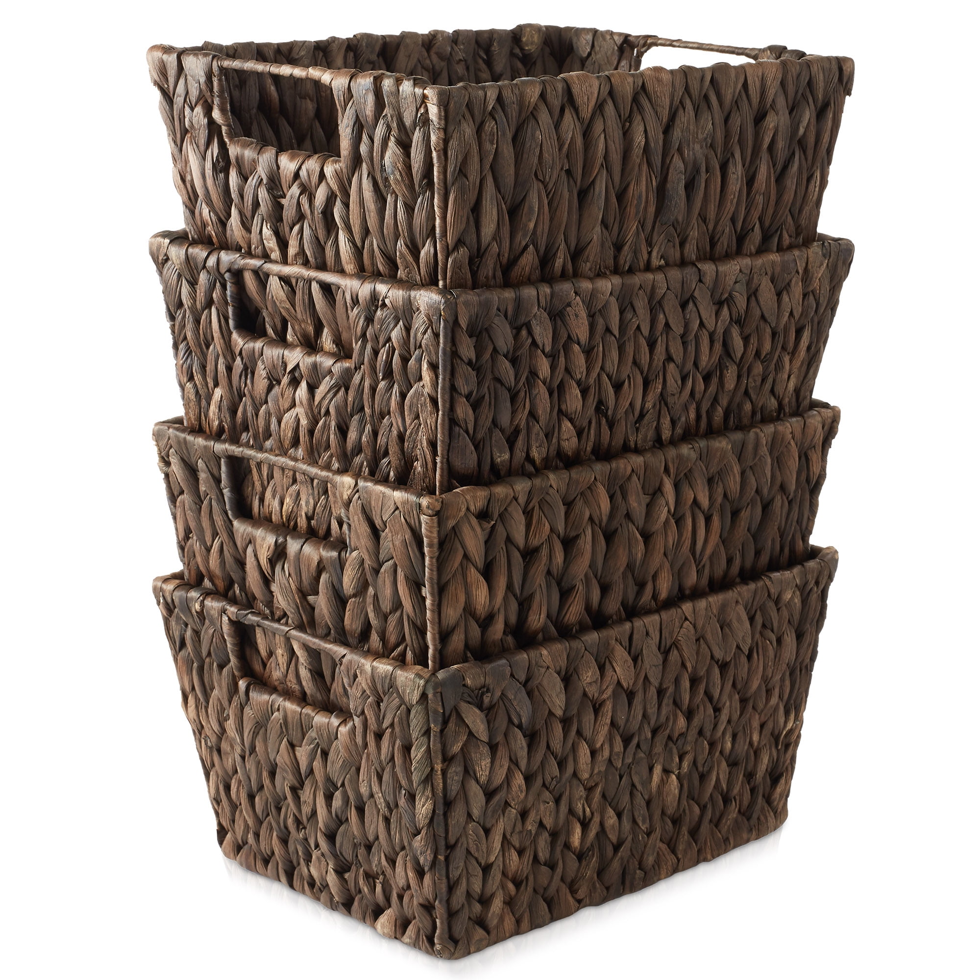 Casafield Set of 4 Water Hyacinth Storage Baskets with Handles - Espresso Brown, 12" x 9" x 6" Rectangular Storage Shelf Bins, Blankets, Laundry