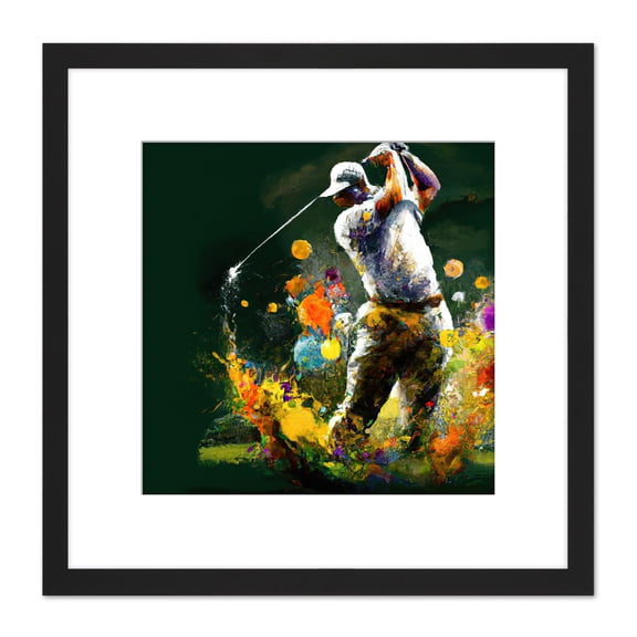 Golfer Golf Course Golfing Sport Oil Painting Swing Out of Bunker Green Yellow Painting Square Wooden Framed Wall Art Print Picture 8X8 Inch