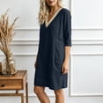 thumbnail image 6 of Vetsdori Women's Solid Color V-Neck Lace 3/4 Sleeve Linen Shift Dress Casual Flowy Summer, 6 of 9